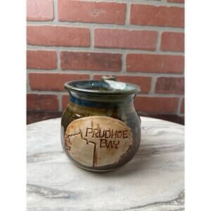 Artist Signed Studio Pottery Prudhoe Bay Alaska Mug Map Graphic Stoneware Vtg